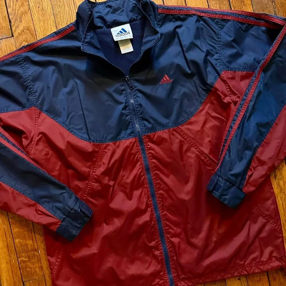Vintage Y2K 2000 Adidas Men Burgundy Maroon‎ 3 Stripe Windbreaker Track Jacket